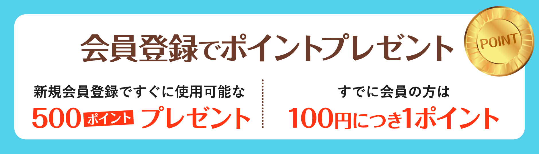 会員登録でポイントプレゼント 新規会員登録ですぐに使用可能な500ポイントプレゼント すでに会員の方は100円につき1ポイント