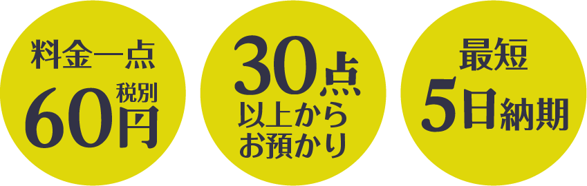 料金一点60円税別・30点以上からお預かり・最短5日納期